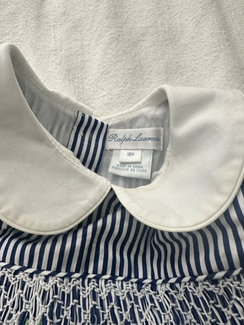 Ralph Lauren 18M Blue White Smocked Rose Dress + Bloomers (can fit 12-24 imo)